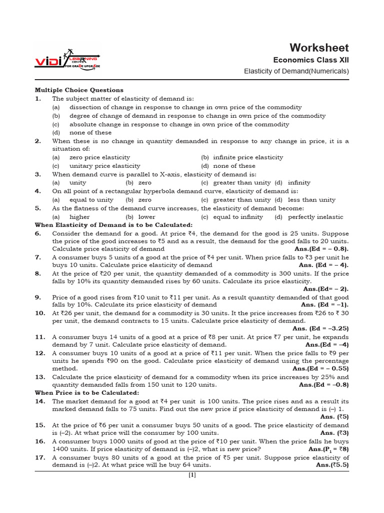 Class 11 Elasticity of Demand Worksheet | PDF | Demand | Elasticity ...
