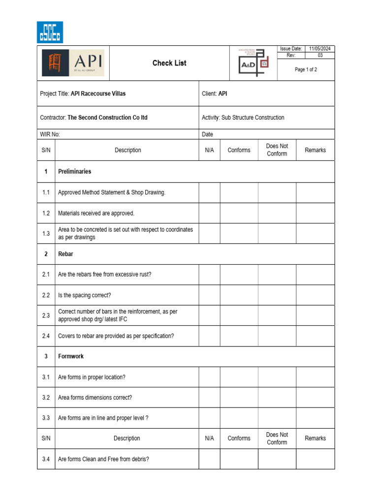 Concreting Works Inspection Checklist | PDF | Concrete | Secondary ...