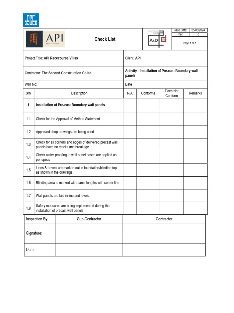 Pre-cast Wall Panel Installation Checklist | PDF