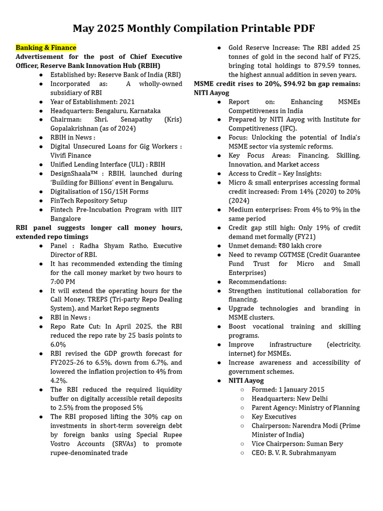 May 2025 Monthly Compilation Printable PDF | PDF | Reserve Bank Of ...