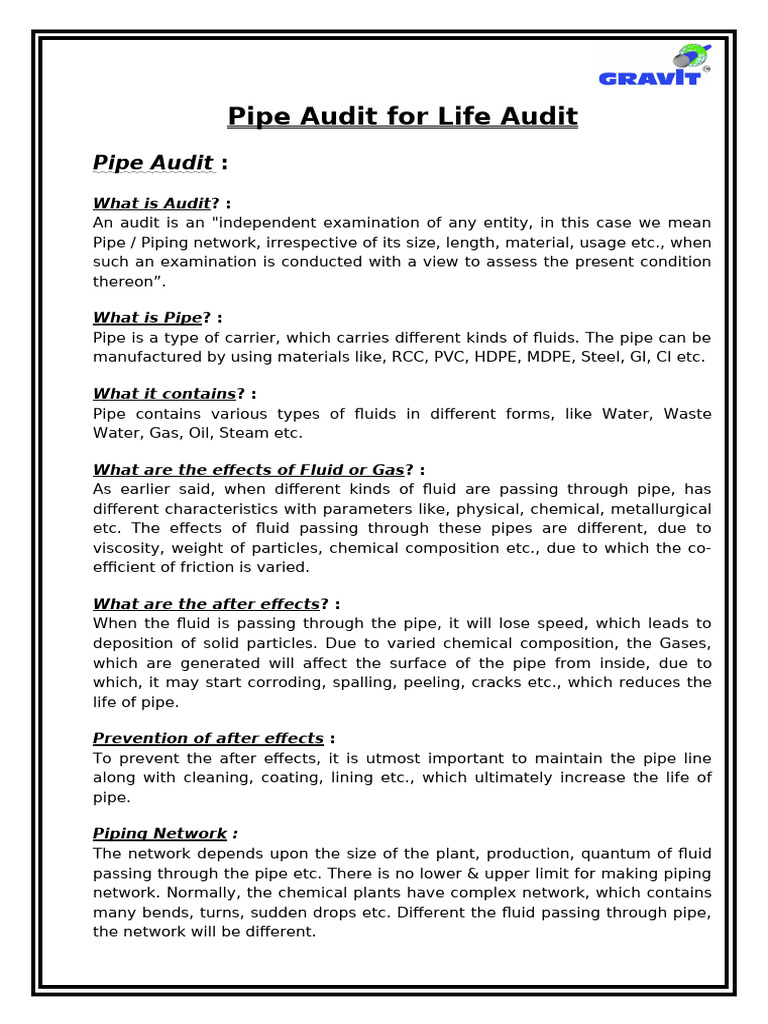 Comprehensive Pipe Audit Guide | PDF | Pipe (Fluid Conveyance)