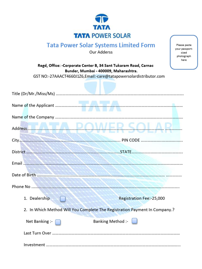 Tata Solar Dealership Application Form | PDF
