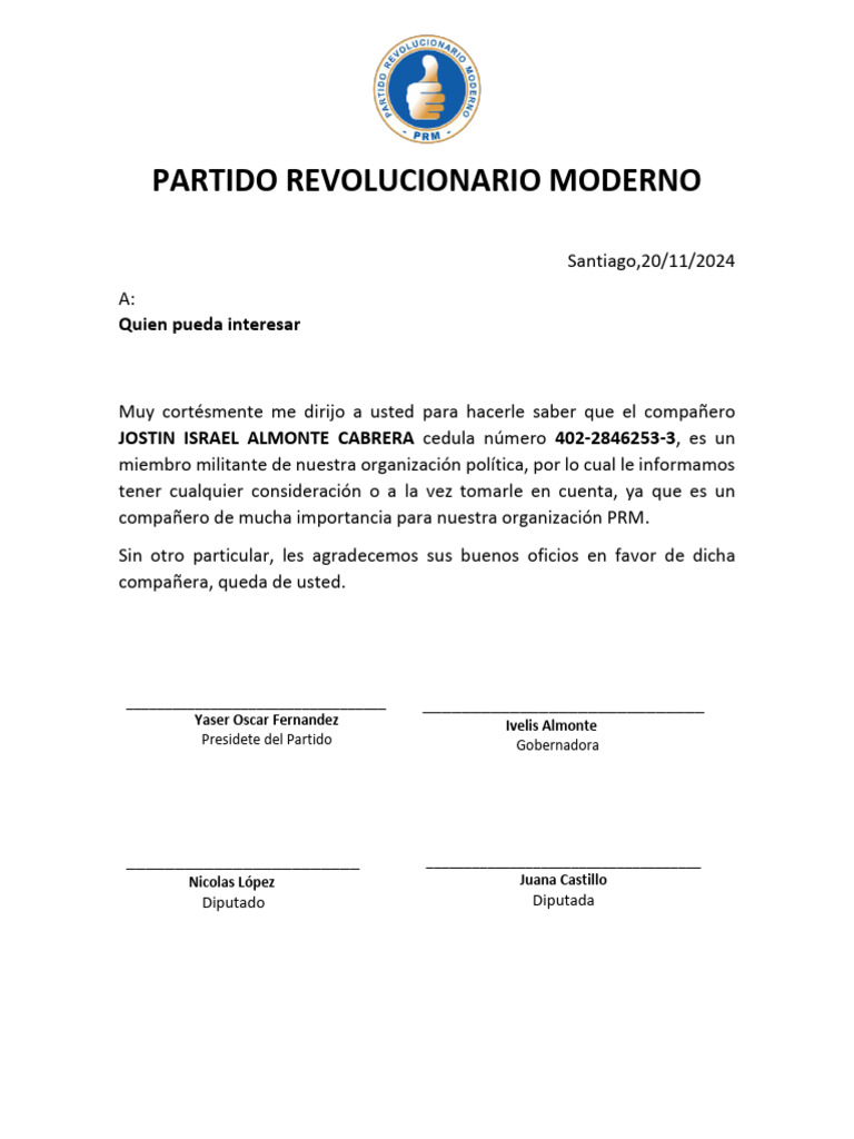 Carta PRM Jostin | PDF