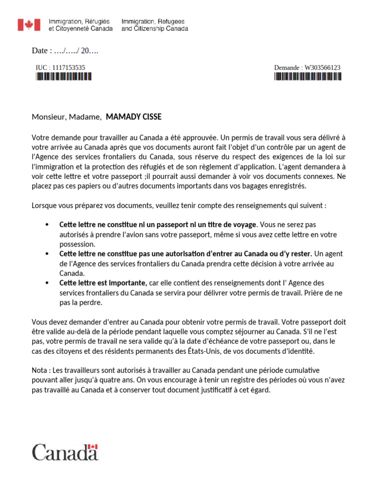 Permis de travail approuvé pour le Canada | PDF