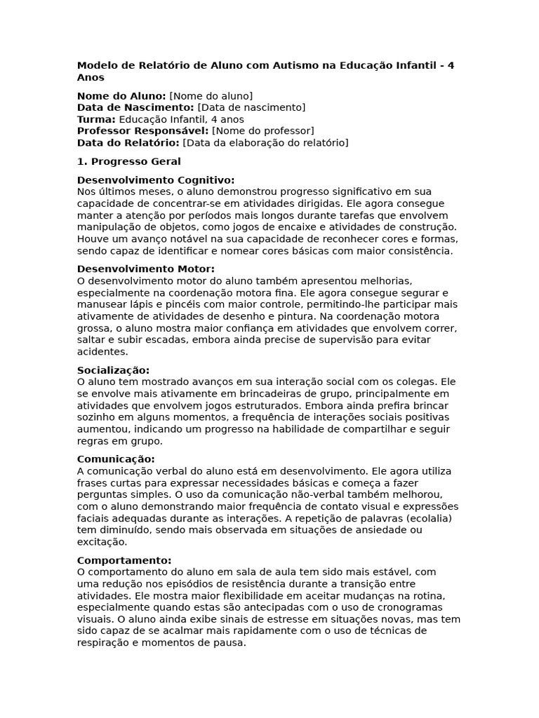 Relatório de Progresso: Aluno Autista 4 Anos | PDF | Comunicação ...