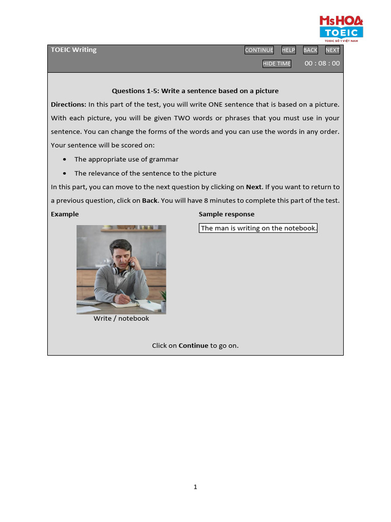 TOEIC Writing Practice: Picture Sentences | PDF | Grammar | Linguistics