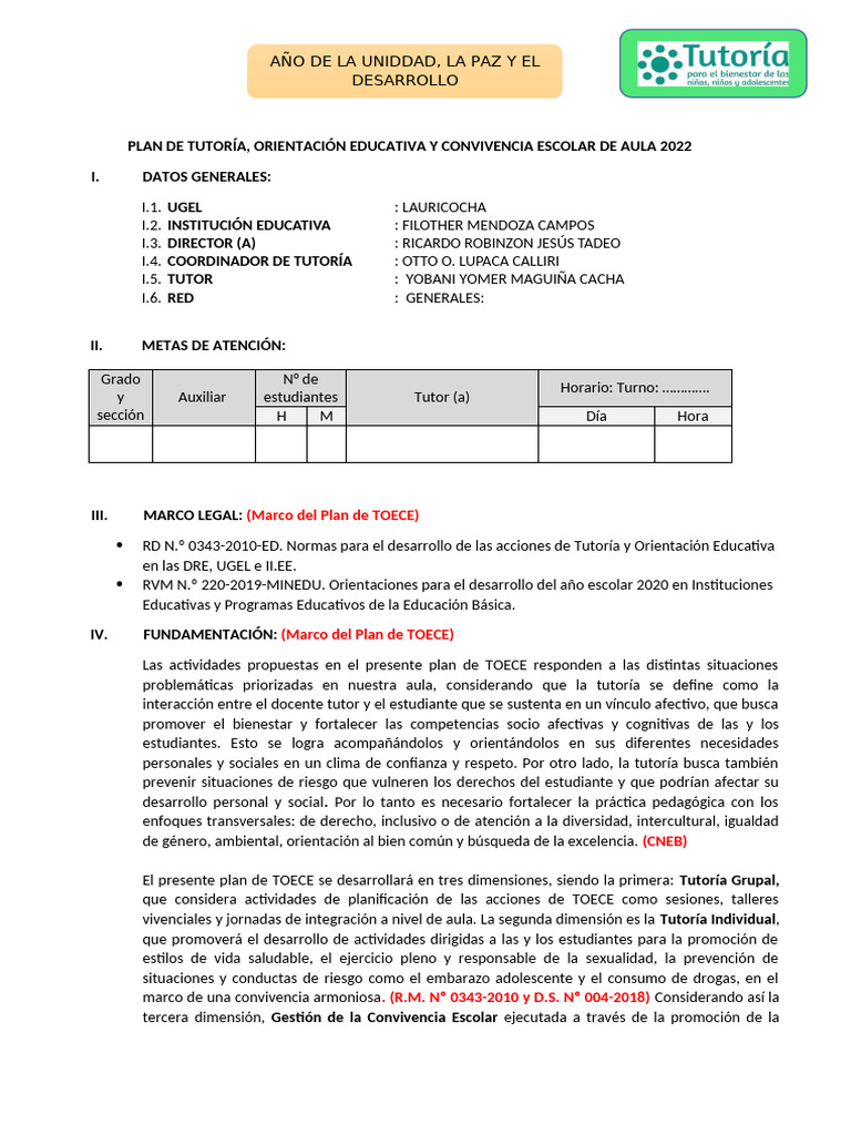 Plan de Tutoría y Convivencia Escolar 2022 | PDF | Las emociones ...