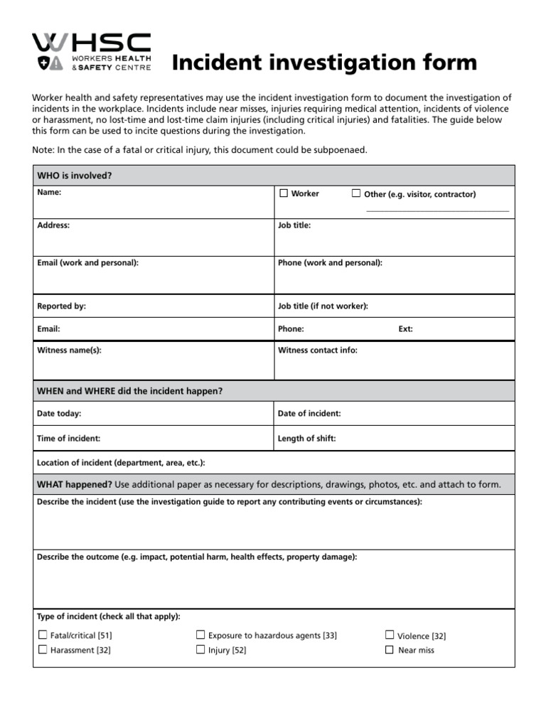 Workplace Incident Investigation Form | PDF | Occupational Safety And ...