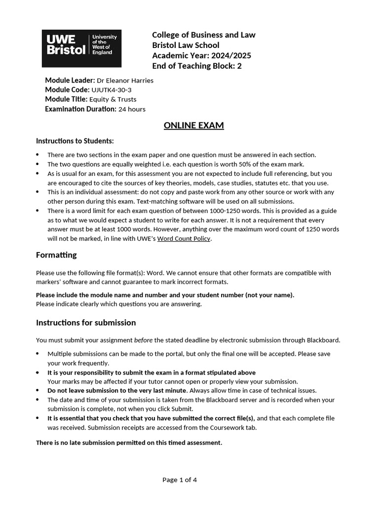 Equity & Trusts Exam Instructions 2024/25 | PDF | Common Law