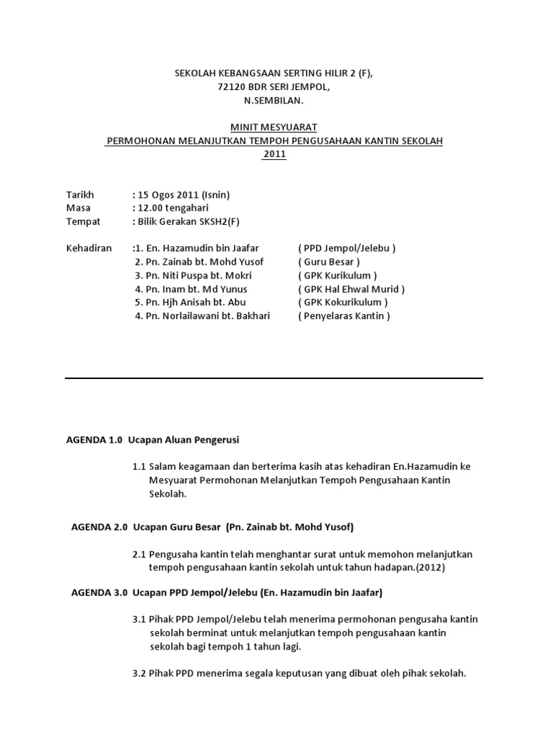 Minit Mesyuarat Melanjutkan Permohonan Kantin Pdf
