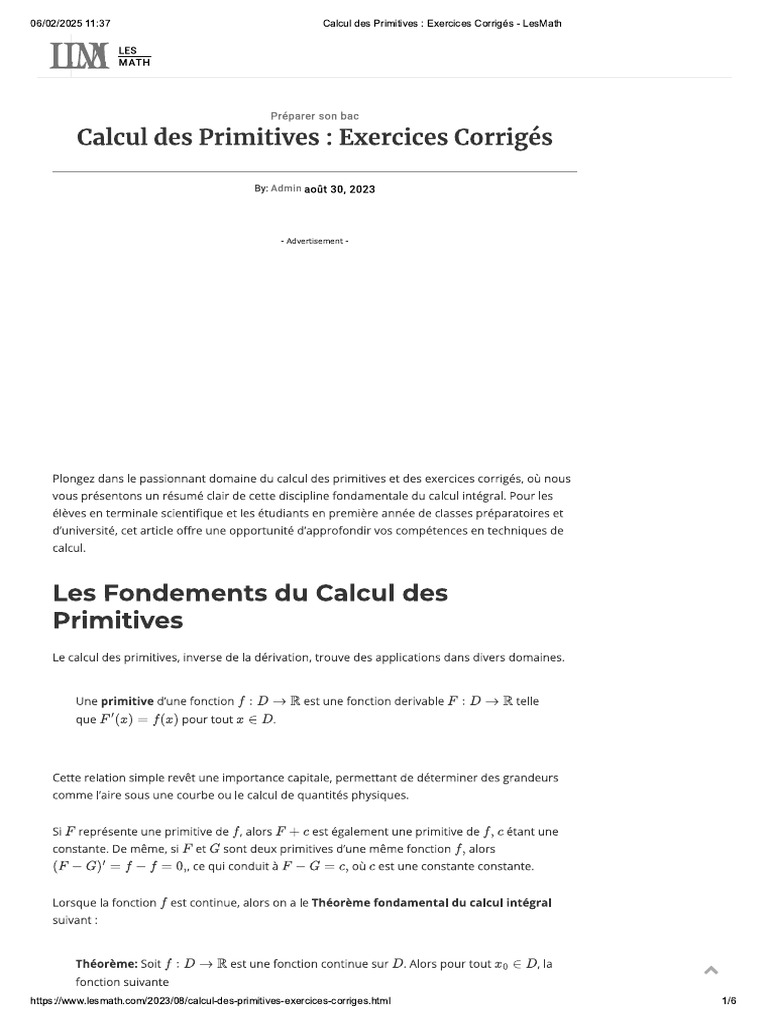 Calcul Des Primitives _ Exercices Corrigés - LesMath | PDF