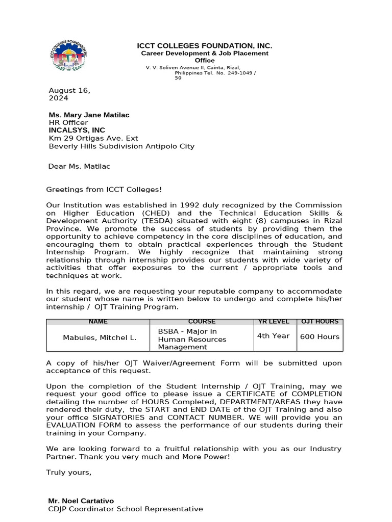 Internship Request for Student Placement | PDF