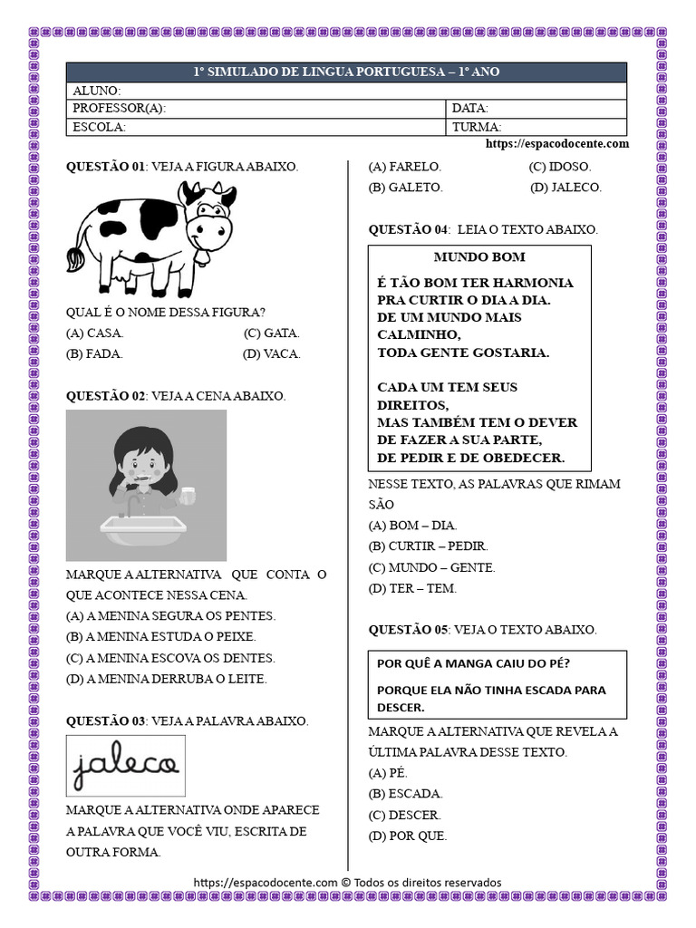 Simulado de Português - 1º Ano | PDF