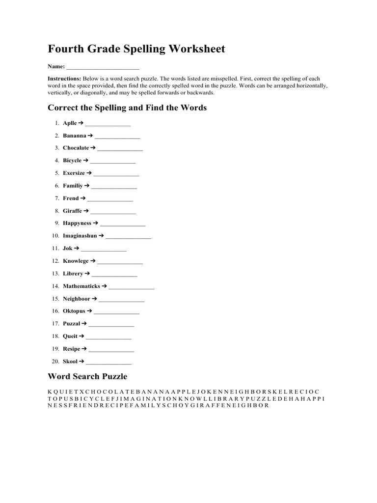 4th Grade Spelling Worksheet PDF | PDF