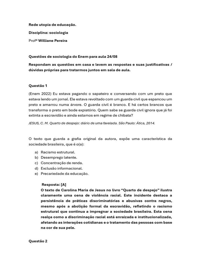 Questões de Sociologia para o ENEM 2023 | PDF | Sociologia | Jürgen ...