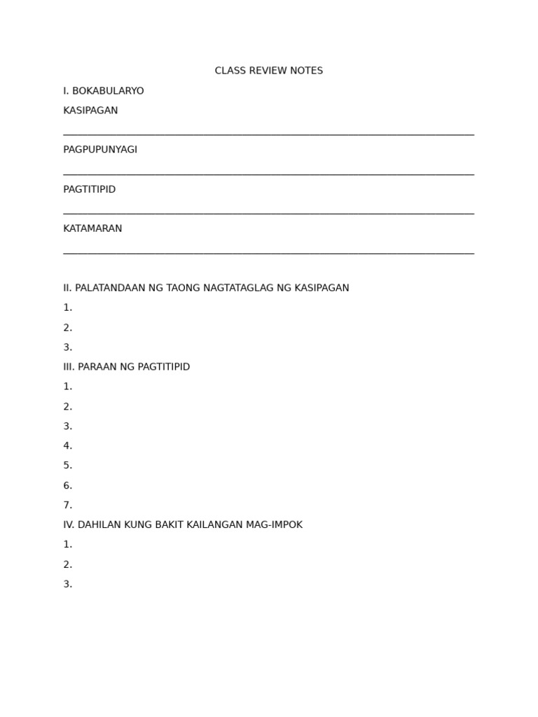Class Review Notes - Kasipagan, Etal | PDF