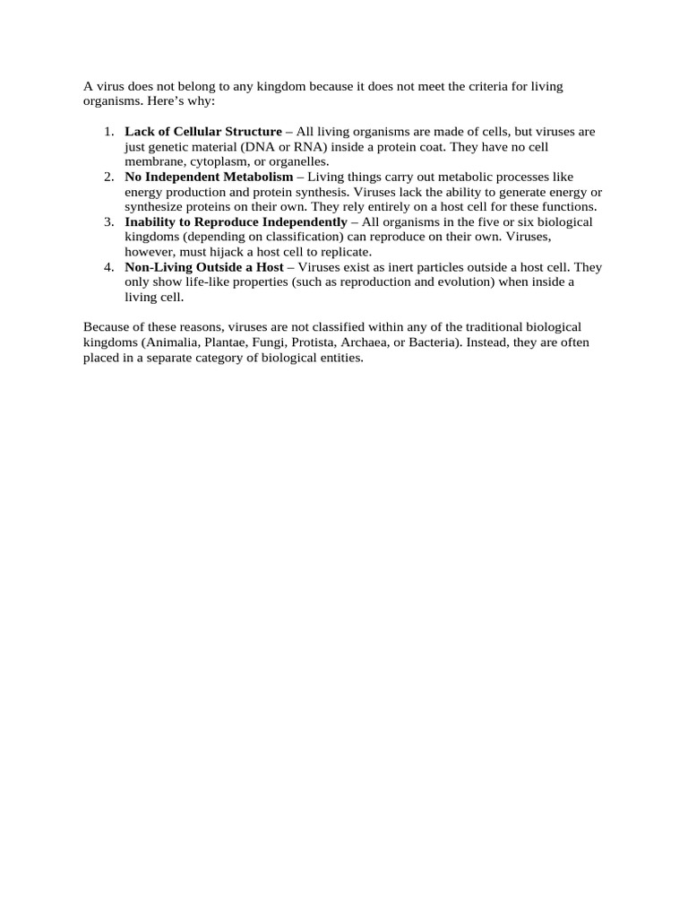 A Virus Does Not Belong To Any Kingdom Because It Does Not Meet The  Criteria For Living Organisms | PDF