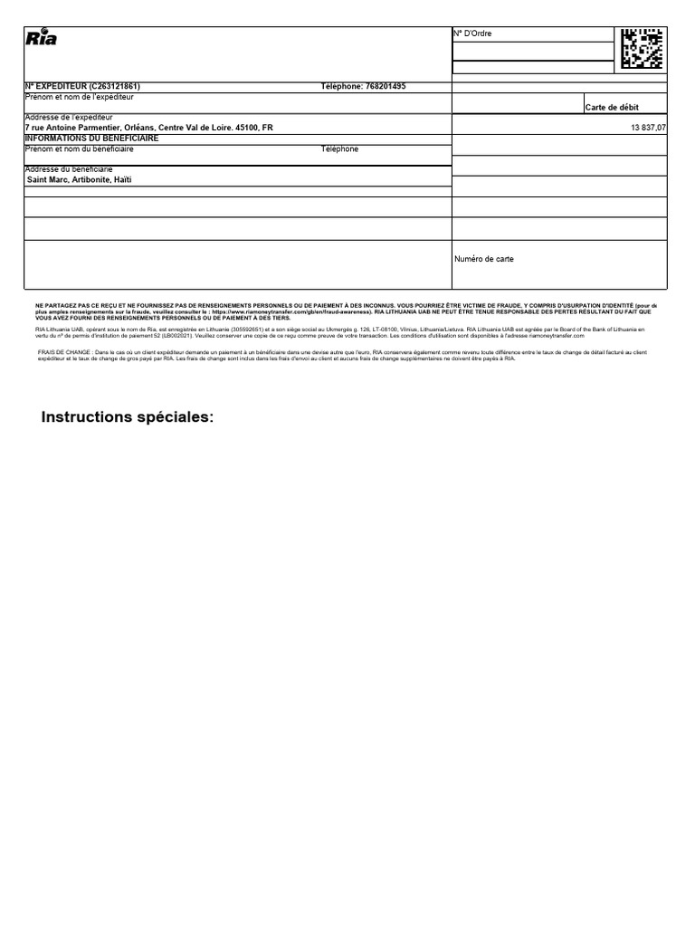 Reçu RIA Money Transfer - Client | PDF | Technologie bancaire | Paiements