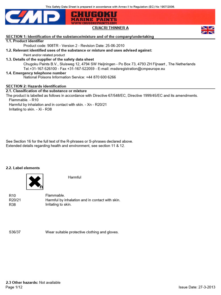 Chugoku CR/Acri Thinner A Safety Data Sheet | PDF | Toxicity | Personal ...