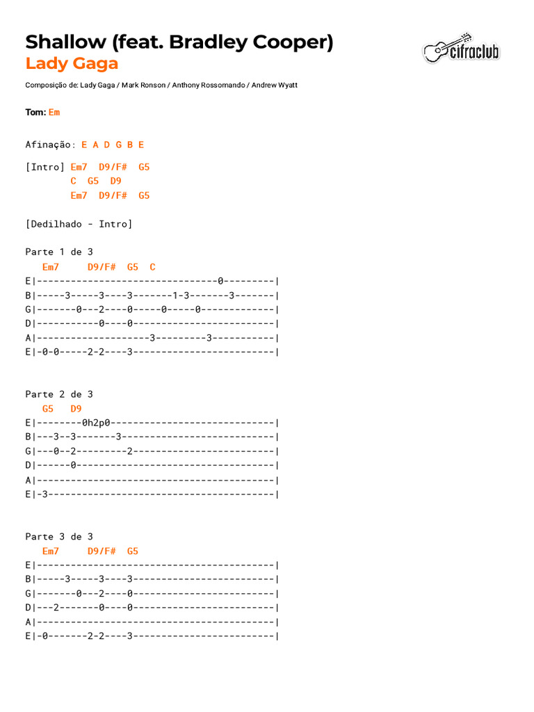 Shallow Chords and Tabs Guide | PDF | Lady Gaga | American Musicians