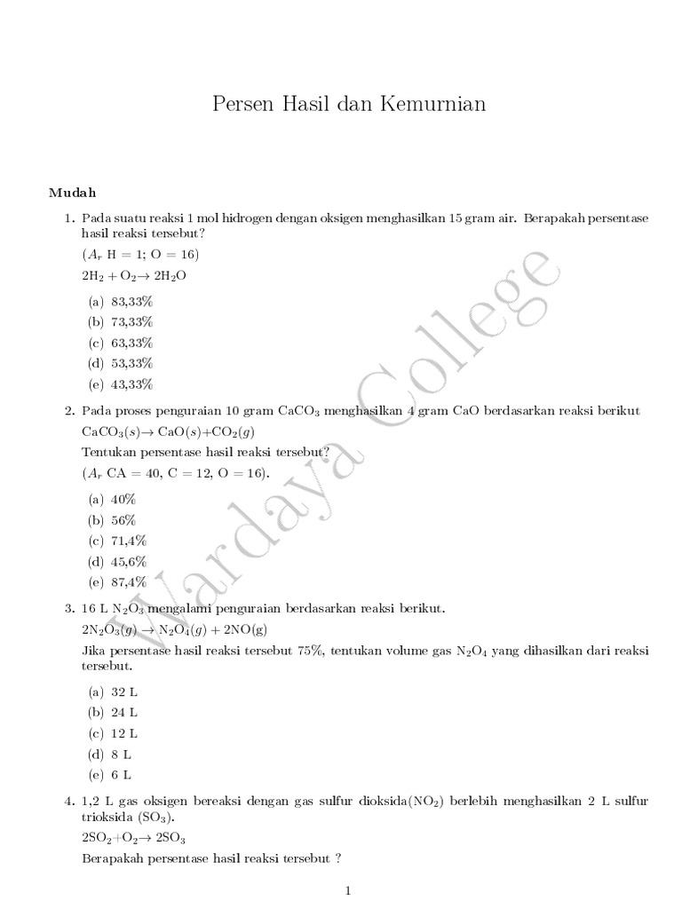 Persentase Hasil Reaksi Kimia | PDF | Sains & Matematika | Teknologi ...