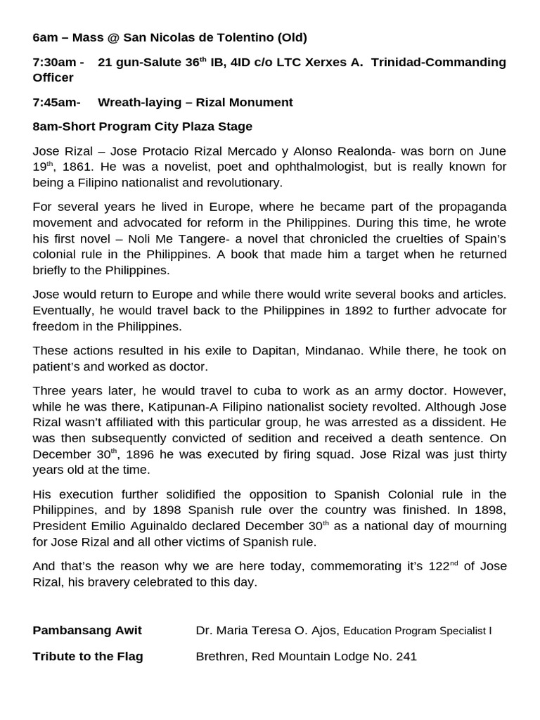Jose Rizal Commemoration Program 2023 | PDF
