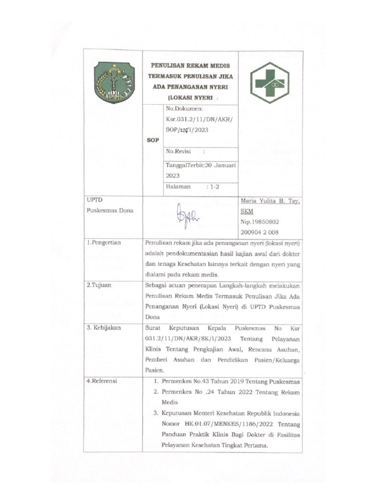  SOP Penulisan Rekam Medis Termasuk Jika Ada Penanganan Nyeri 