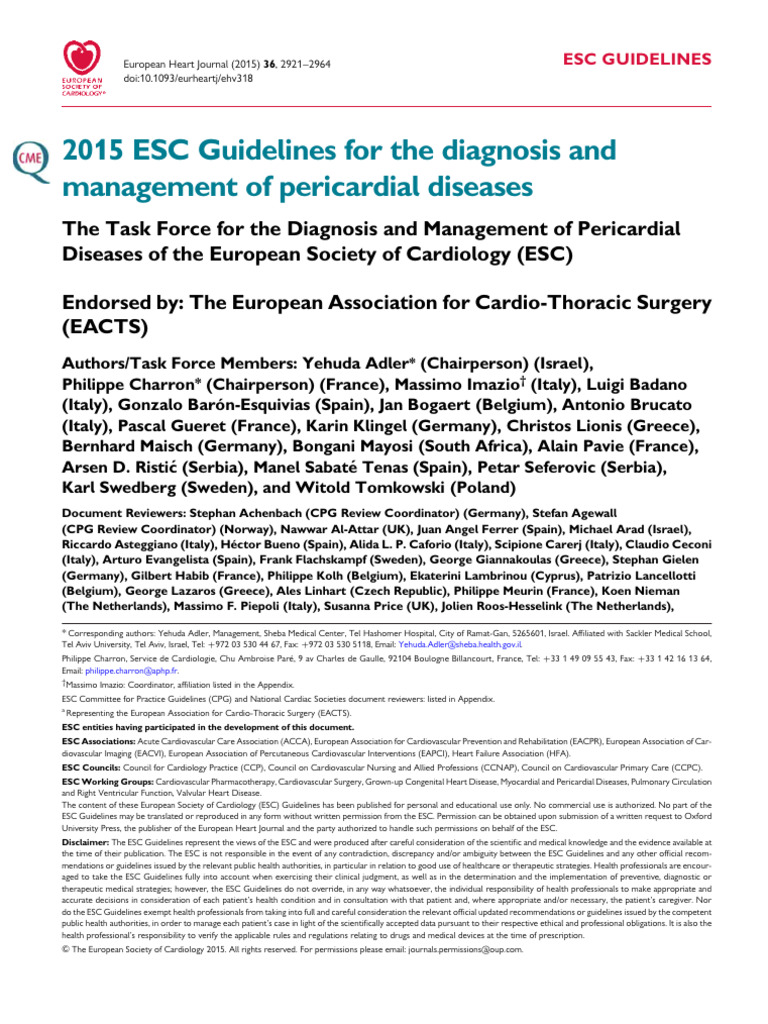 2015 ESC Guidelines For The Diagnosis and Management of Pericardial ...