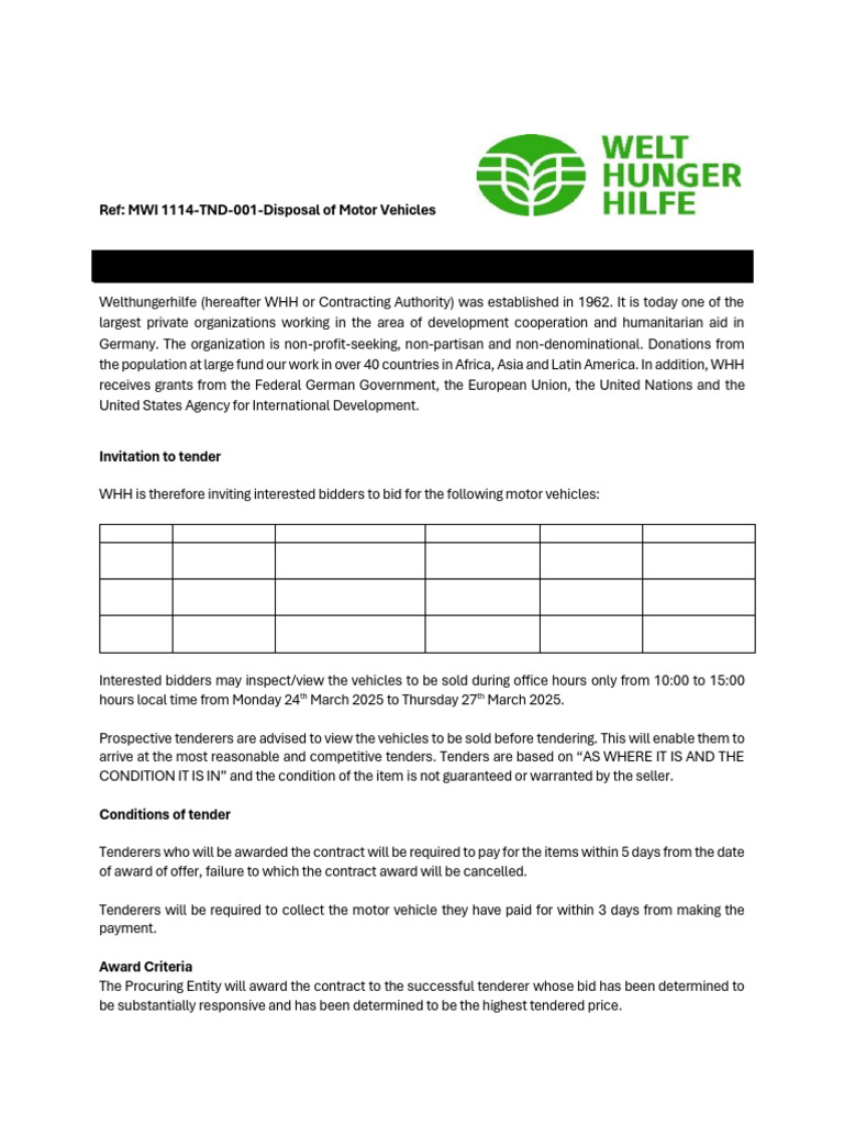 WHH Motor Vehicle Tender Invitation | PDF