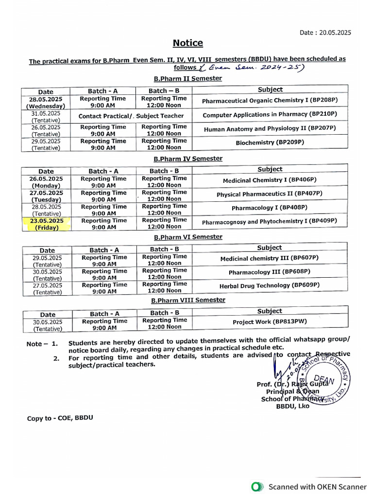 Schedule of Even Semester Practical Examination 2024-25 For B. Pharm. | PDF