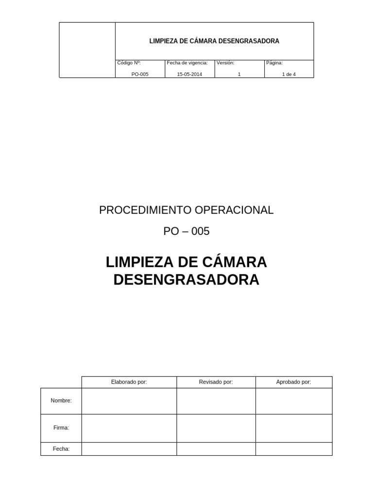 PO-005 LIMPIEZA DE CÁMARA DESENGRASADORA Rev1 | PDF
