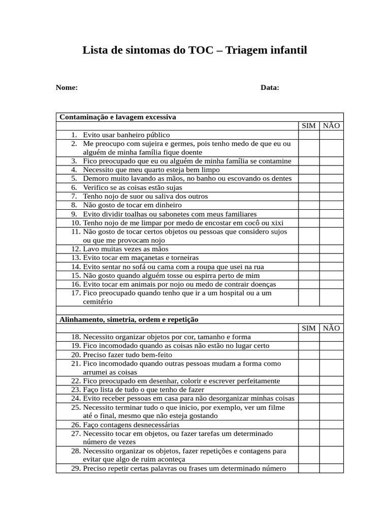 Sintomas de TOC em Crianças: Triagem | PDF | Pensamento