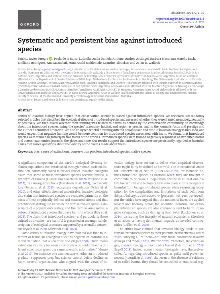 Systematic and Persistance Bias Against Introduced Species | PDF ...