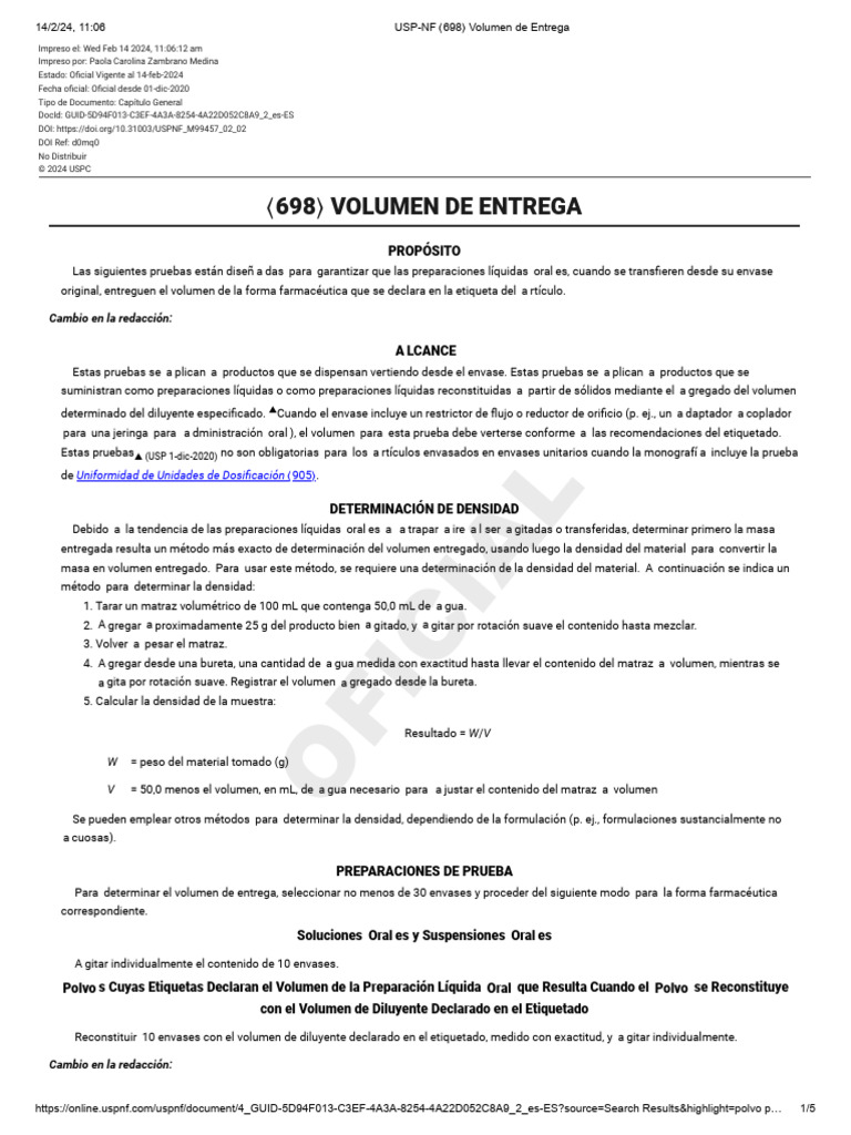 USP 698: Volumen de Entrega | PDF | Volumen | Densidad