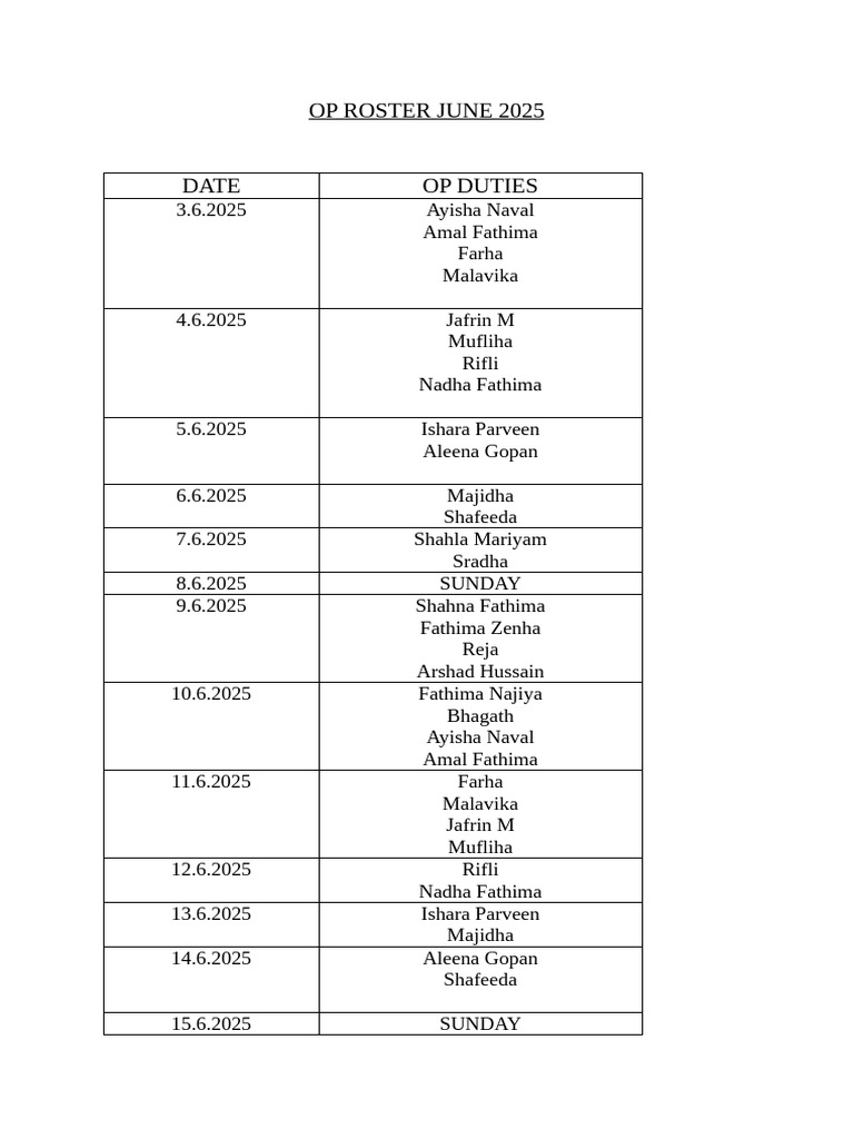 June 2025 OP Roster Schedule | PDF