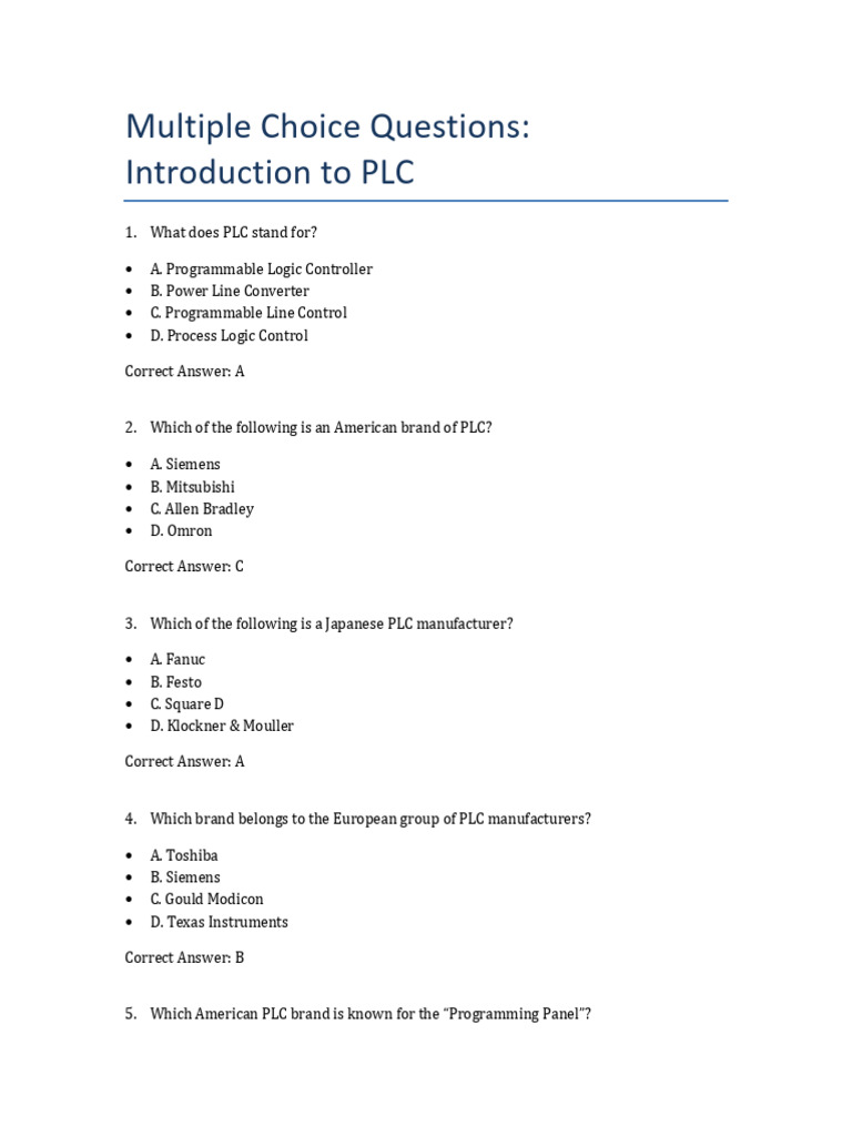 PLC Multiple Choice Questions Guide | PDF | Programmable Logic ...