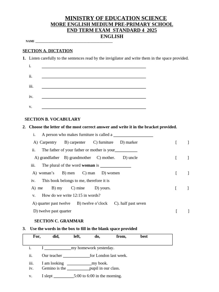 Standard 4 English Exam 2025 Guide | PDF | English Language | Linguistics