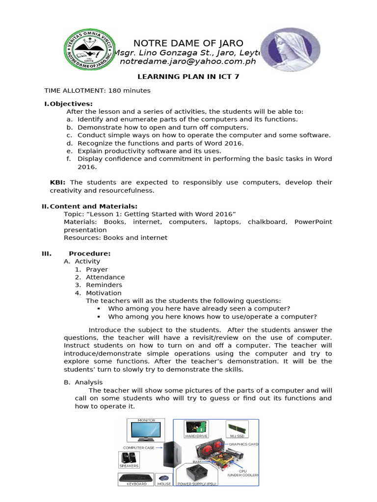 ICT 7 Learning Plan: Word 2016 Basics | PDF | Computer File | Computing