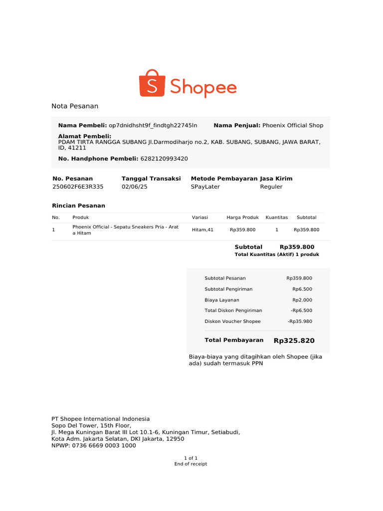 Rincian Pesanan Sepatu Sneakers Pria | PDF