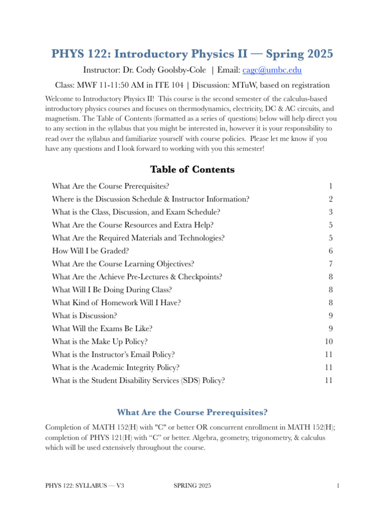 PHYS 122 Syllabus: Spring 2025 | PDF | Title Ix | Electrical Network
