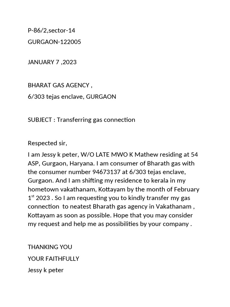 Gas Connection Transfer Request Letter | PDF
