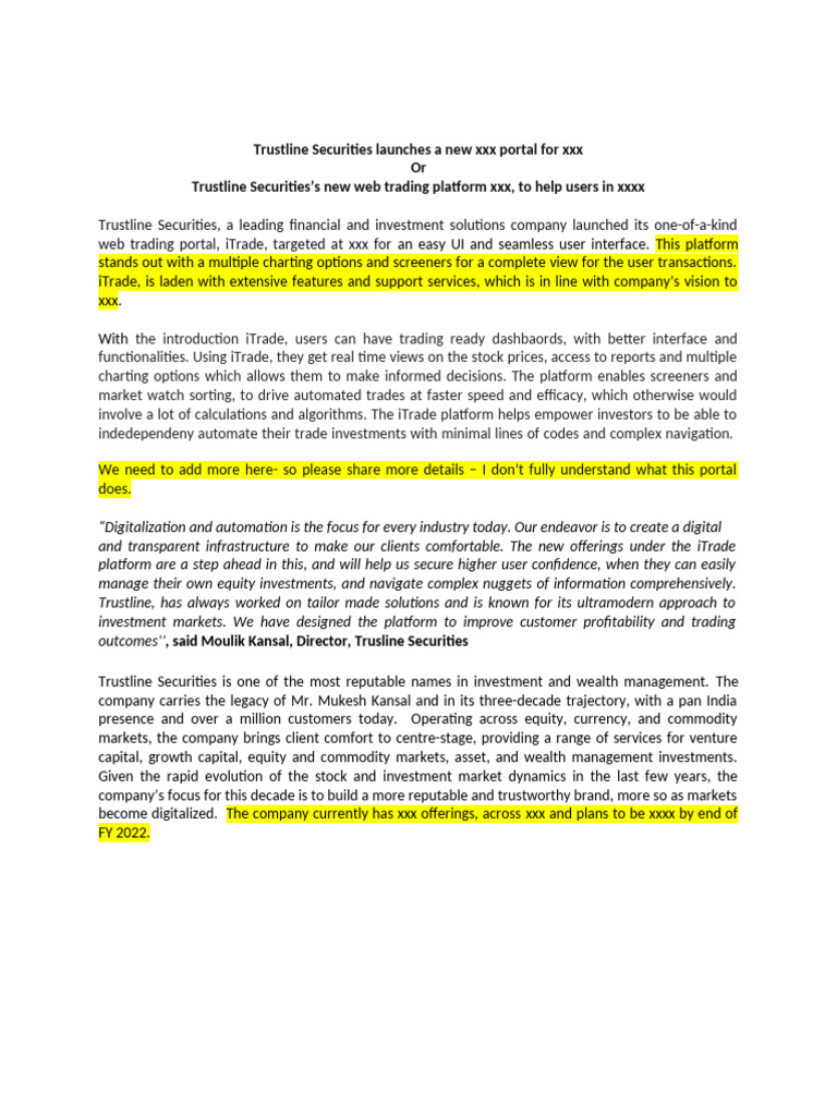 Trustline Securities - Press Release | PDF | Investing | Securities ...