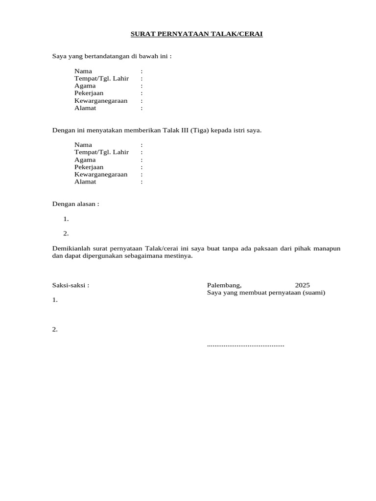 Surat Pernyataan Talak III Resmi | PDF