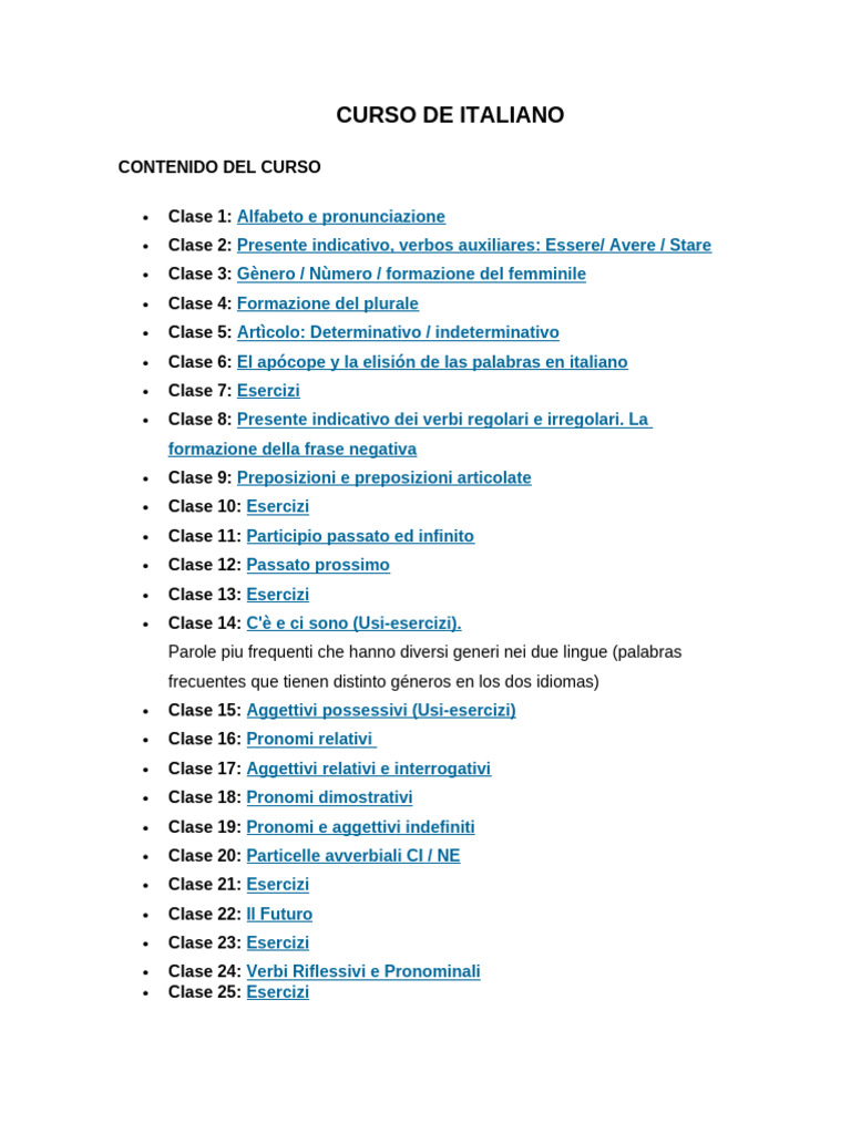 Contenido Del Curso de Italiano | PDF | Tipología Lingüística | Lingüística