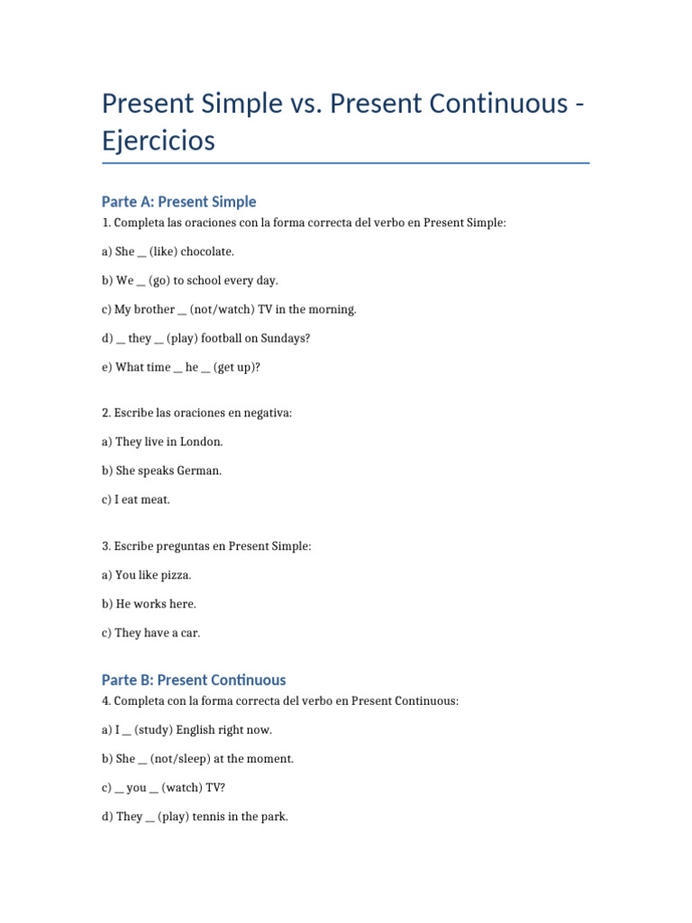 Ejercicios de Present Simple y Continuous | PDF