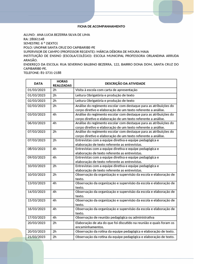 Ficha de Acompanhamento | PDF | Pedagogia | Aprendizado
