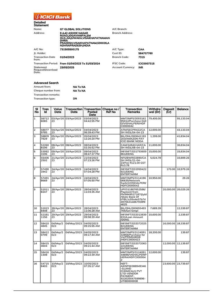 GT Global Solutions Bank Statement 23-24 | PDF | Service Industries ...