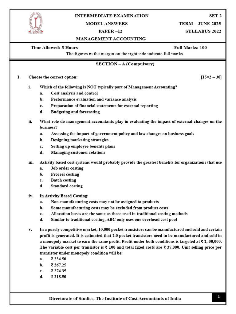 Management Accounting Exam Model Answers | PDF | Cost Accounting | Cost ...