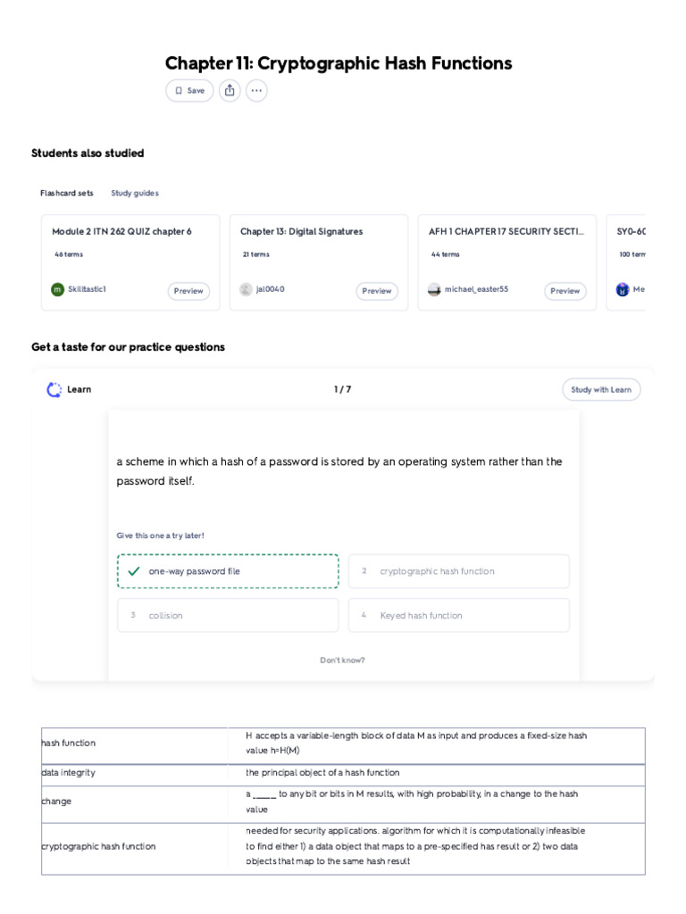Chapter 11 - Cryptographic Hash Functions Flashcards - Quizlet | PDF ...