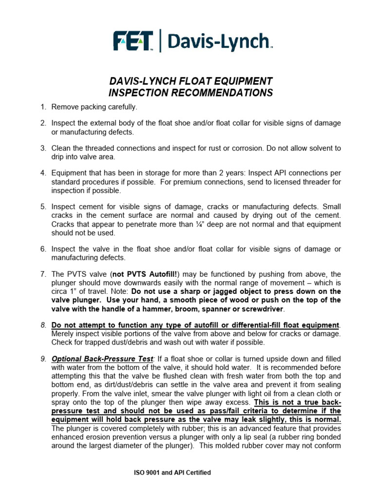Davis-Lynch Float Equipment Inspection (003) (1) | PDF | Valve | Leak